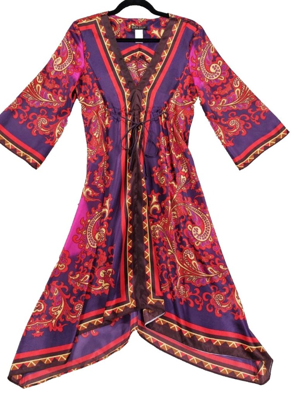Louisa Villani 1970s Retro Psychedelic Paisley Boho V-Neck Dress Women's Sz S